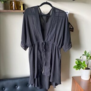 Black Crochet Trim Kimono Swimsuit Cover-up